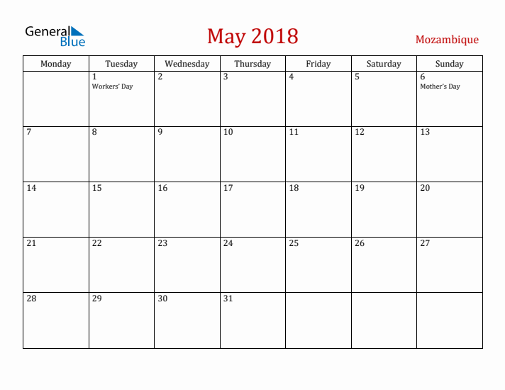 Mozambique May 2018 Calendar - Monday Start