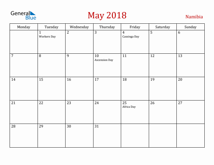 Namibia May 2018 Calendar - Monday Start