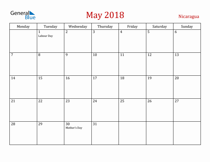 Nicaragua May 2018 Calendar - Monday Start