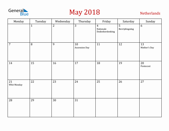 The Netherlands May 2018 Calendar - Monday Start