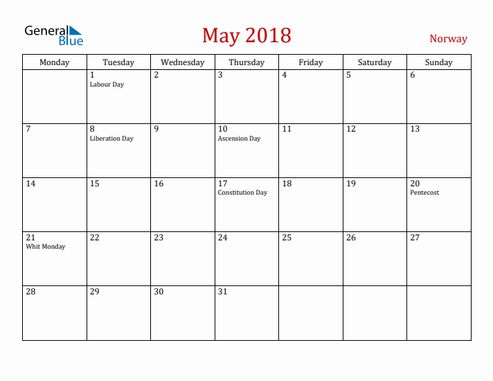 Norway May 2018 Calendar - Monday Start