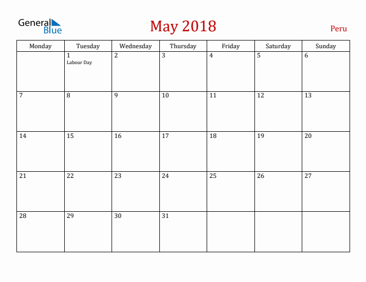 Peru May 2018 Calendar - Monday Start