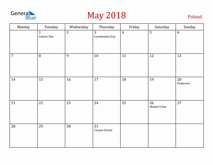 Poland May 2018 Calendar - Monday Start