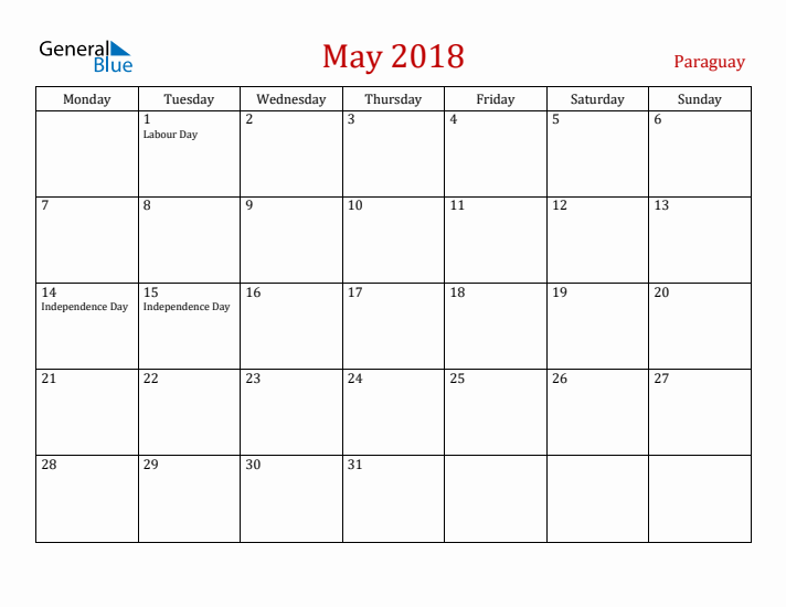 Paraguay May 2018 Calendar - Monday Start