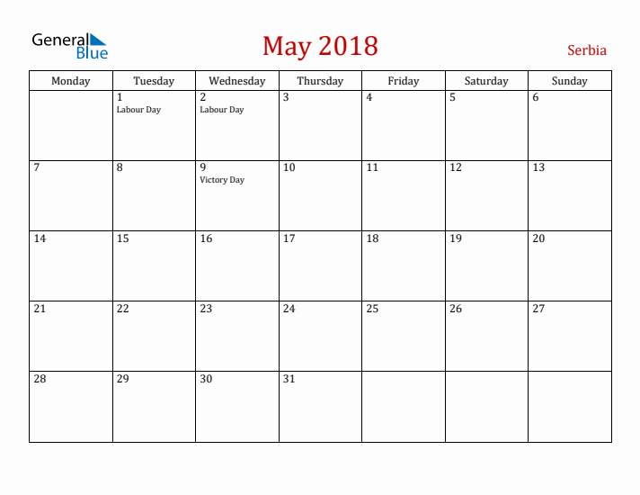 Serbia May 2018 Calendar - Monday Start