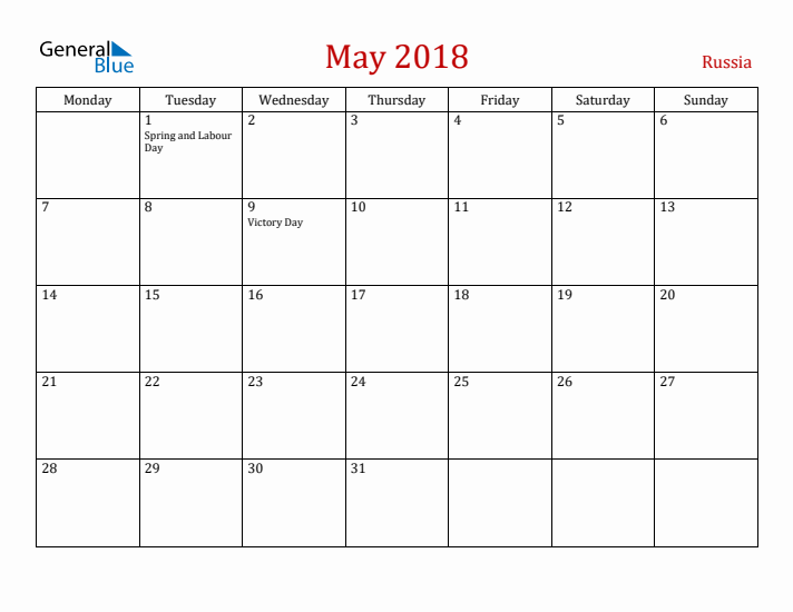 Russia May 2018 Calendar - Monday Start