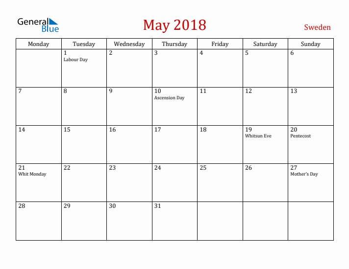 Sweden May 2018 Calendar - Monday Start