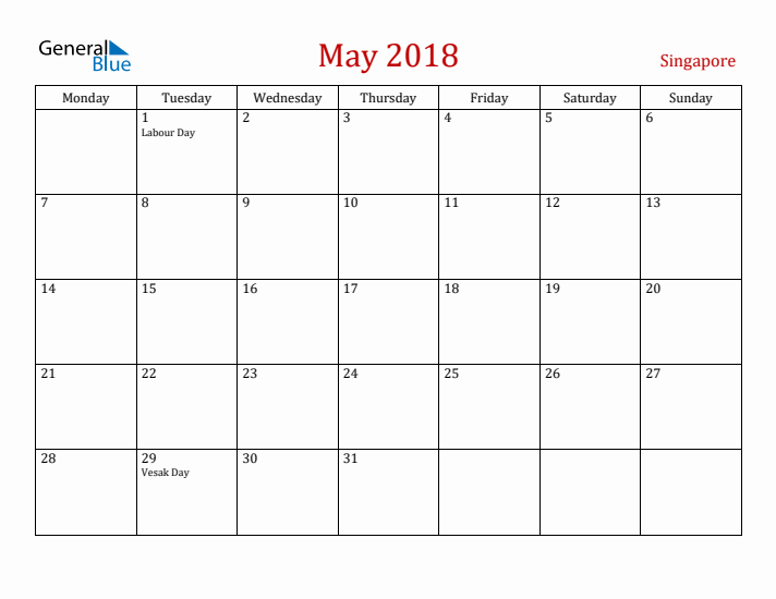 Singapore May 2018 Calendar - Monday Start