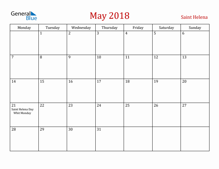 Saint Helena May 2018 Calendar - Monday Start