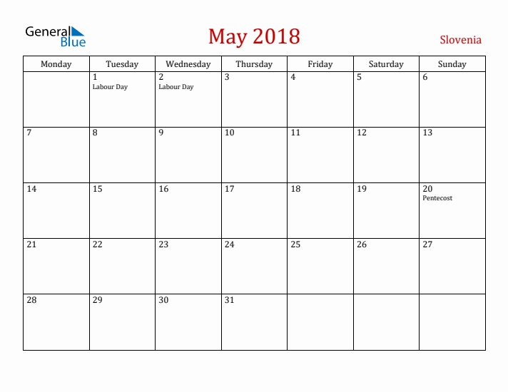 Slovenia May 2018 Calendar - Monday Start
