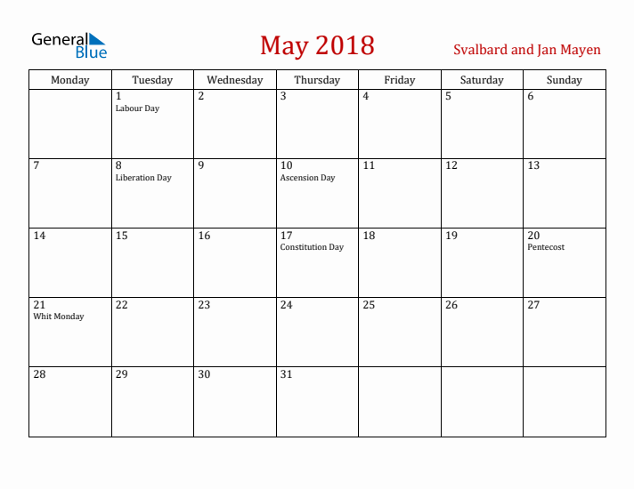 Svalbard and Jan Mayen May 2018 Calendar - Monday Start
