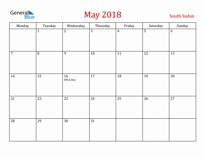 South Sudan May 2018 Calendar - Monday Start
