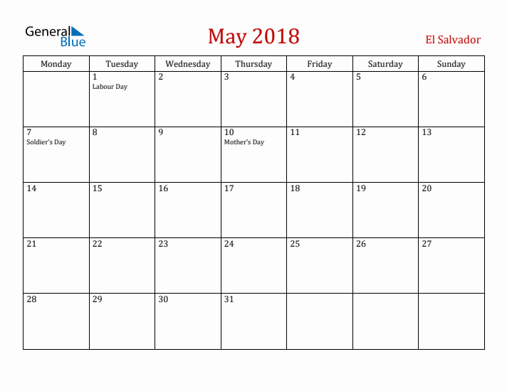 El Salvador May 2018 Calendar - Monday Start