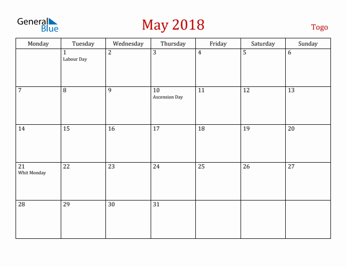 Togo May 2018 Calendar - Monday Start