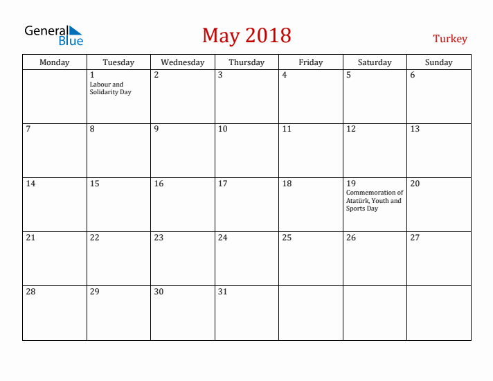 Turkey May 2018 Calendar - Monday Start