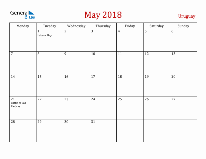Uruguay May 2018 Calendar - Monday Start