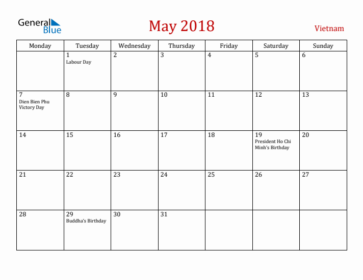 Vietnam May 2018 Calendar - Monday Start