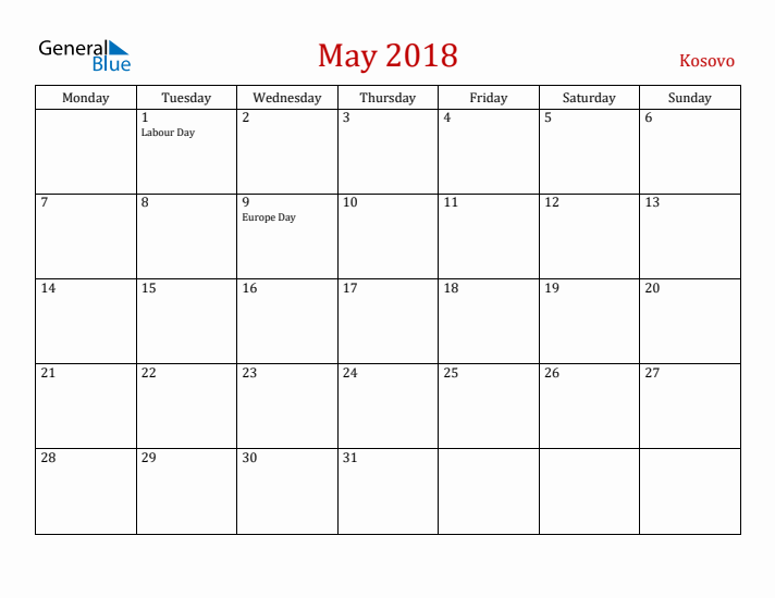 Kosovo May 2018 Calendar - Monday Start