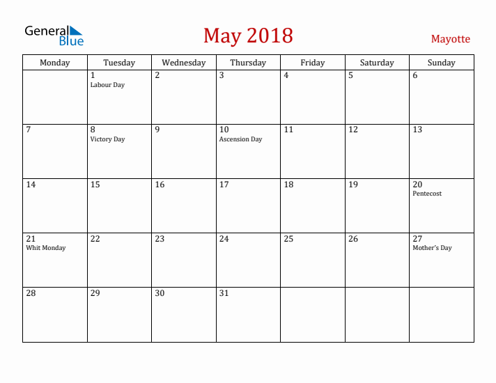 Mayotte May 2018 Calendar - Monday Start