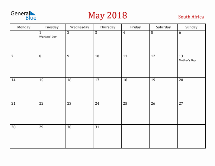 South Africa May 2018 Calendar - Monday Start