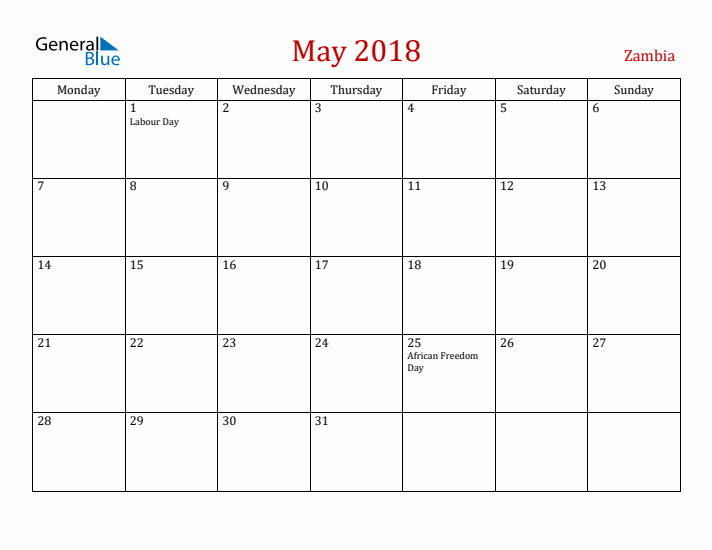 Zambia May 2018 Calendar - Monday Start