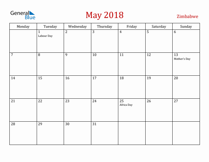 Zimbabwe May 2018 Calendar - Monday Start