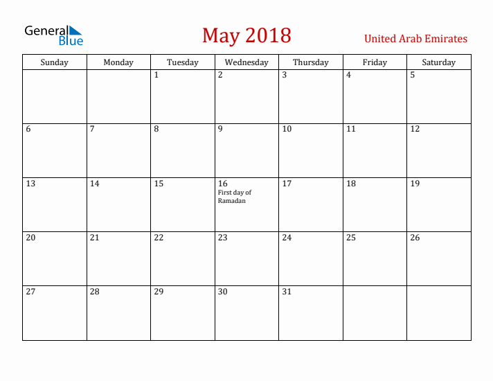 United Arab Emirates May 2018 Calendar - Sunday Start