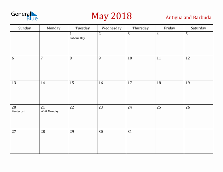 Antigua and Barbuda May 2018 Calendar - Sunday Start