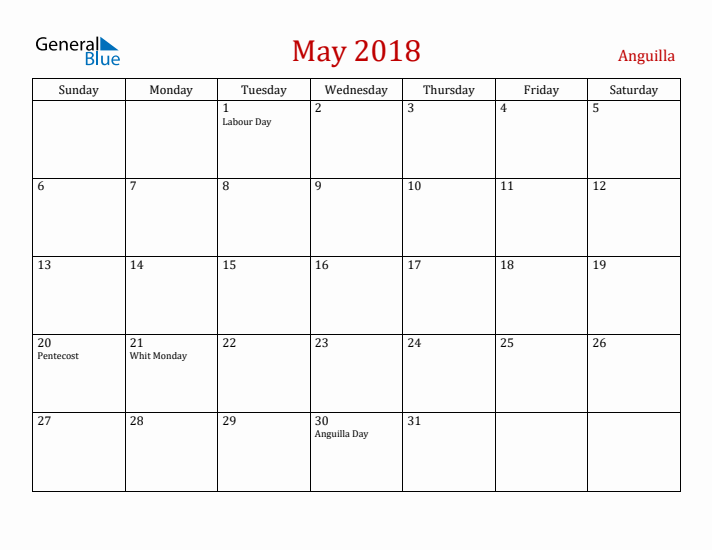Anguilla May 2018 Calendar - Sunday Start