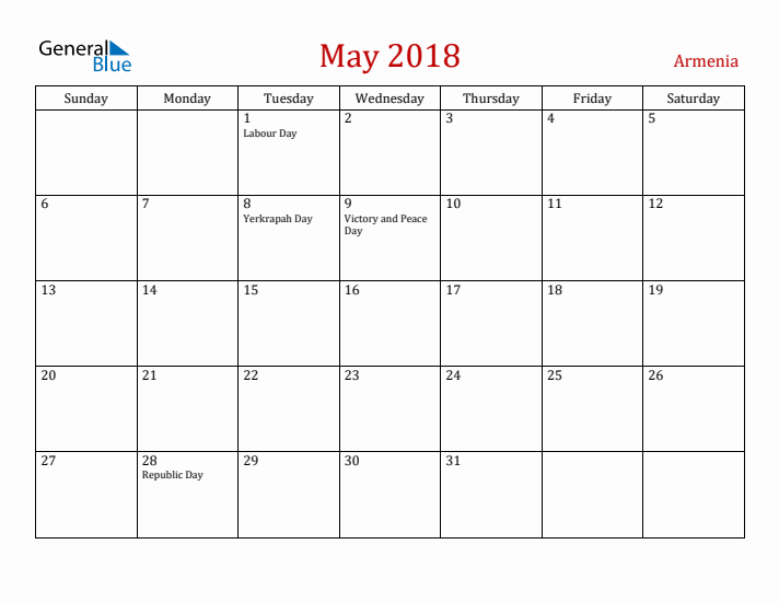 Armenia May 2018 Calendar - Sunday Start