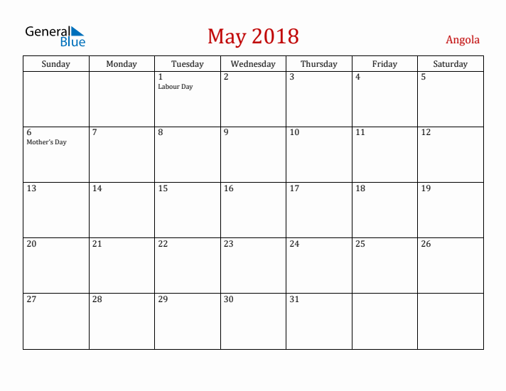 Angola May 2018 Calendar - Sunday Start