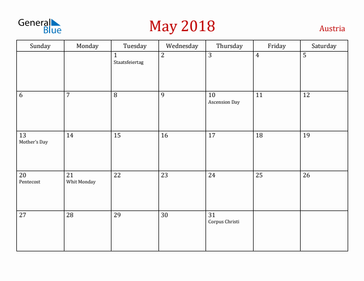 Austria May 2018 Calendar - Sunday Start