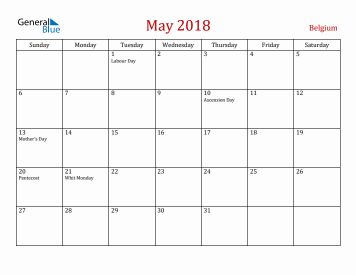 Belgium May 2018 Calendar - Sunday Start