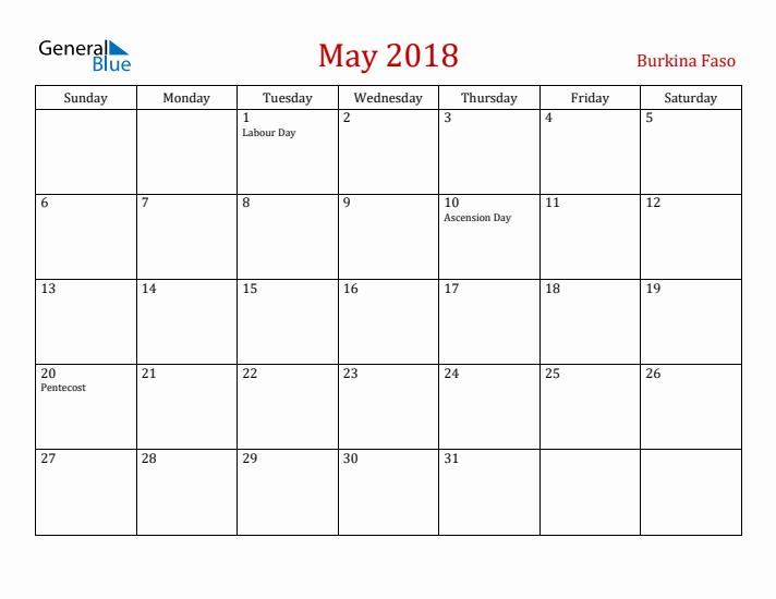 Burkina Faso May 2018 Calendar - Sunday Start