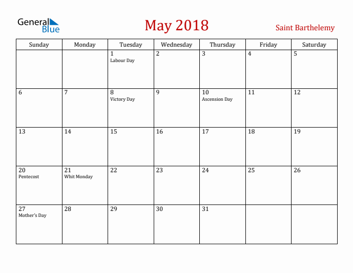 Saint Barthelemy May 2018 Calendar - Sunday Start