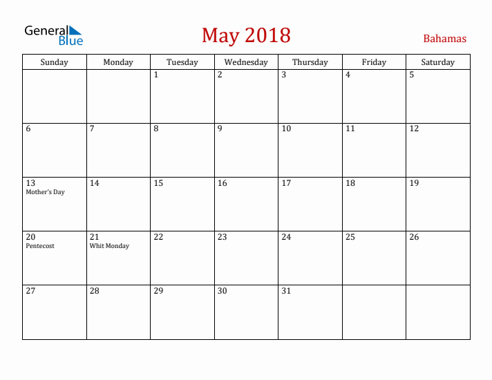Bahamas May 2018 Calendar - Sunday Start