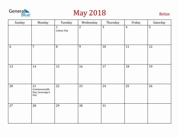 Belize May 2018 Calendar - Sunday Start