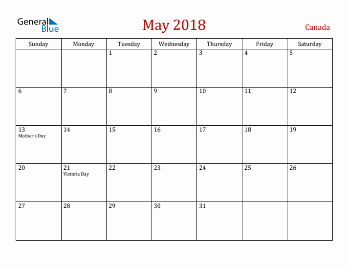 Canada May 2018 Calendar - Sunday Start
