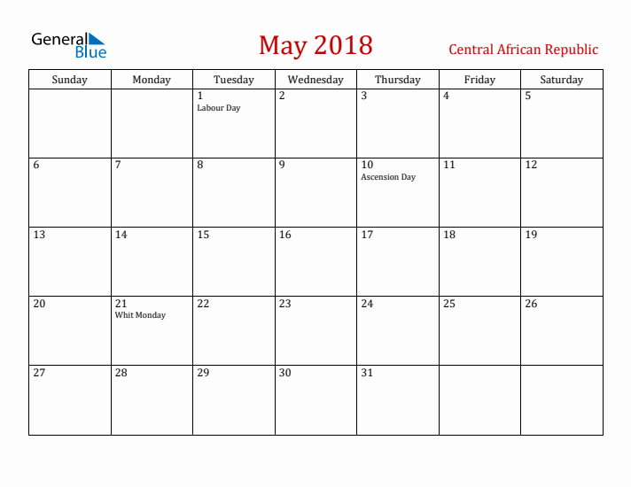 Central African Republic May 2018 Calendar - Sunday Start