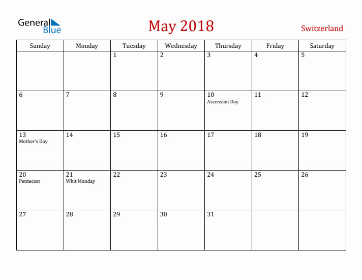 Switzerland May 2018 Calendar - Sunday Start