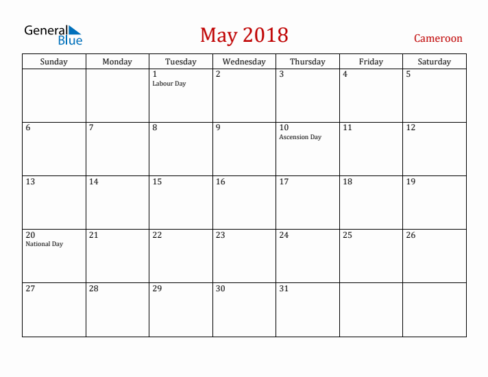 Cameroon May 2018 Calendar - Sunday Start