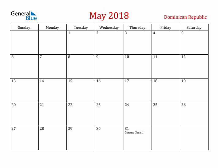 Dominican Republic May 2018 Calendar - Sunday Start