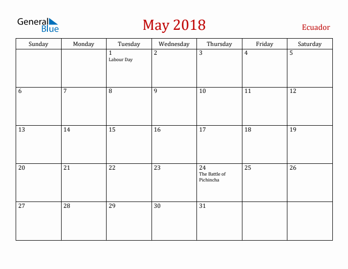 Ecuador May 2018 Calendar - Sunday Start
