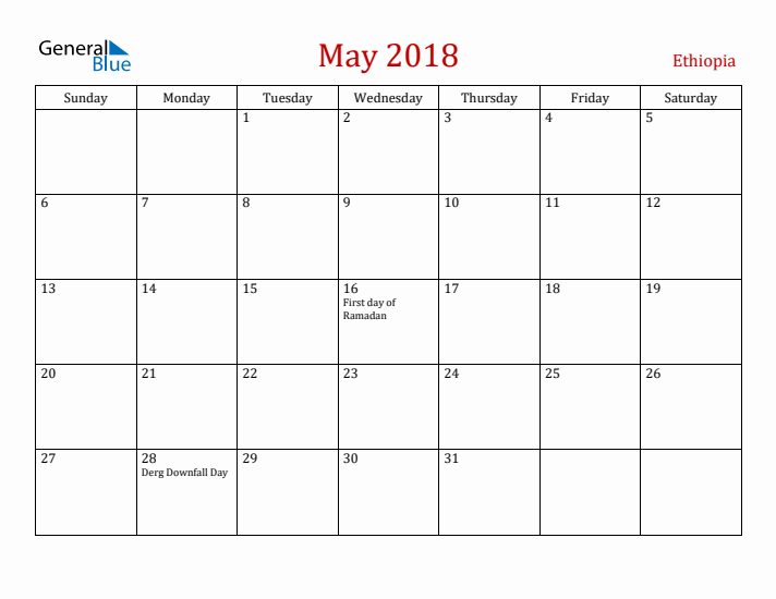 Ethiopia May 2018 Calendar - Sunday Start