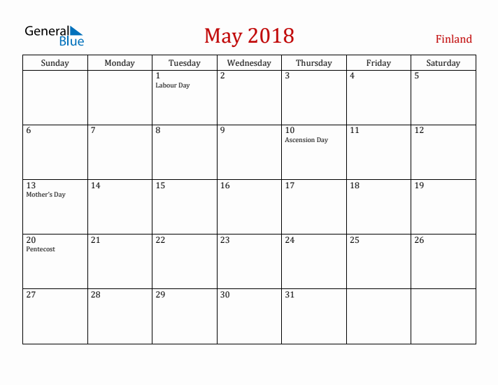Finland May 2018 Calendar - Sunday Start