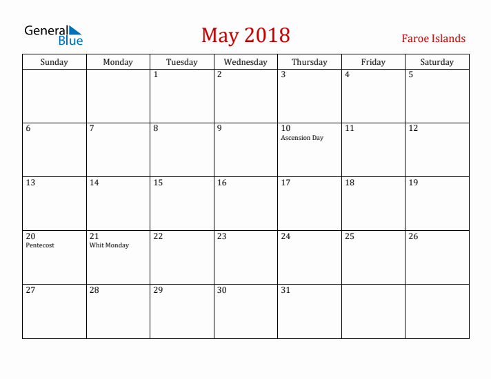 Faroe Islands May 2018 Calendar - Sunday Start