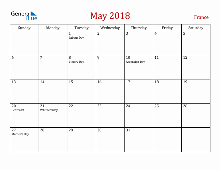 France May 2018 Calendar - Sunday Start