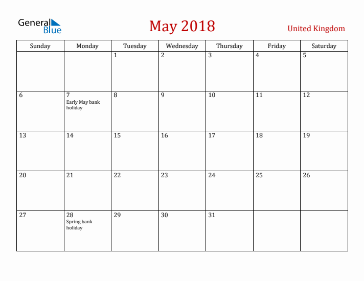 United Kingdom May 2018 Calendar - Sunday Start