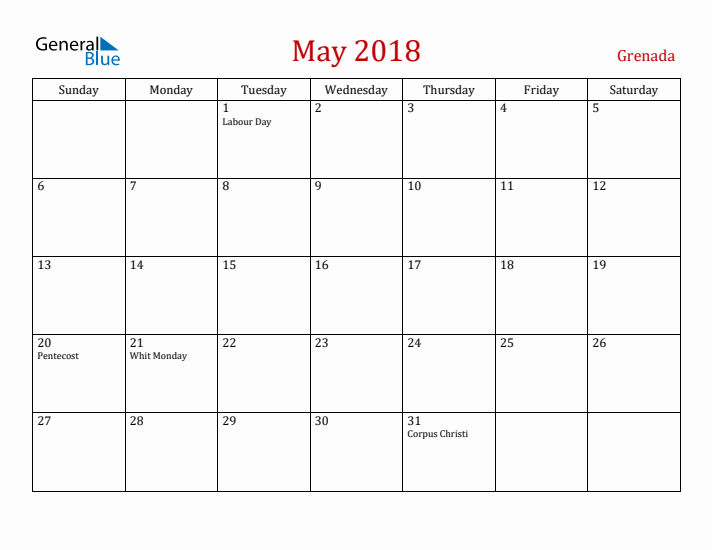 Grenada May 2018 Calendar - Sunday Start