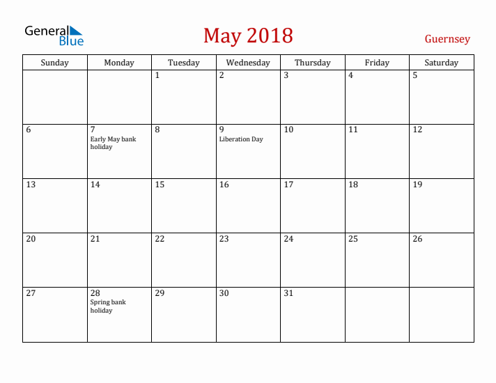 Guernsey May 2018 Calendar - Sunday Start